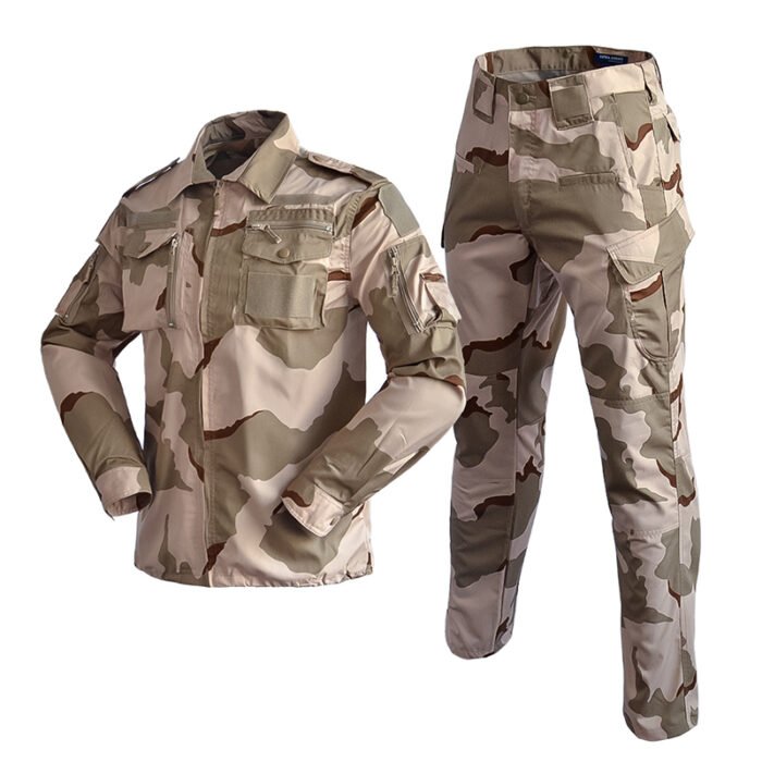 Tactical uniform in three-color desert camouflage, lightweight ripstop fabric suitable for outdoor tactical activities