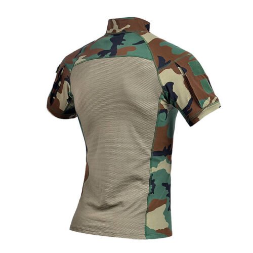 Short sleeve combat shirt in jungle digital camouflage, featuring breathable stretch fabric and practical pocket design for summer tactical activities.