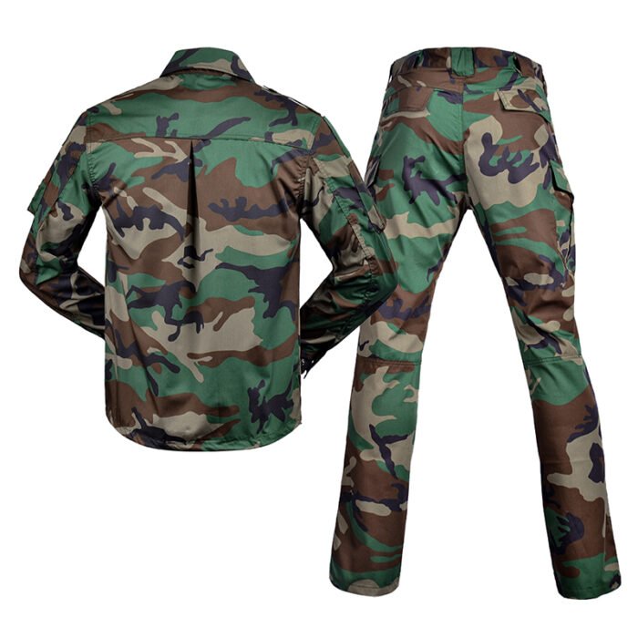 Tactical uniform in woodland camouflage, classic outdoor design with reinforced stitching and cargo pockets