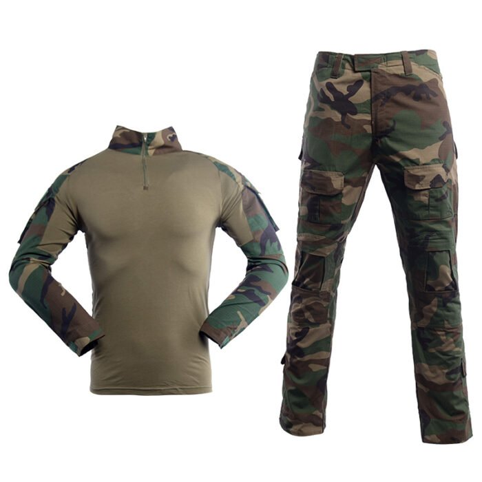 Durable tactical suit in woodland camouflage, built for strength and comfort. Ideal for military drills, airsoft, paintball, and outdoor survival activities.