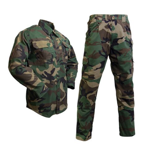 Woodland camouflage camo uniform with long sleeve shirt and pants for outdoor wear