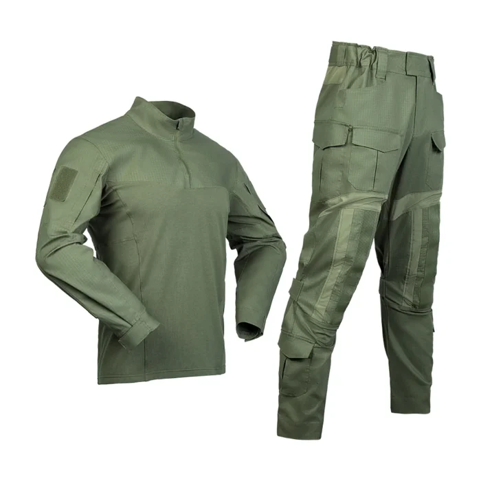 Army green camo uniform with tactical jacket, combat shirt, and cargo pants, built for comfort, flexibility, and outdoor missions.