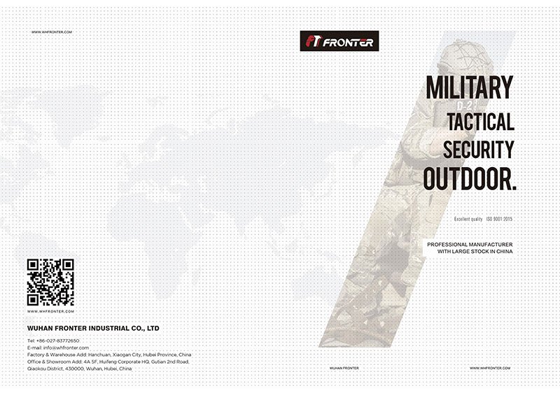 Back cover of Fronter military outdoor apparel catalog with tactical design and company contact info