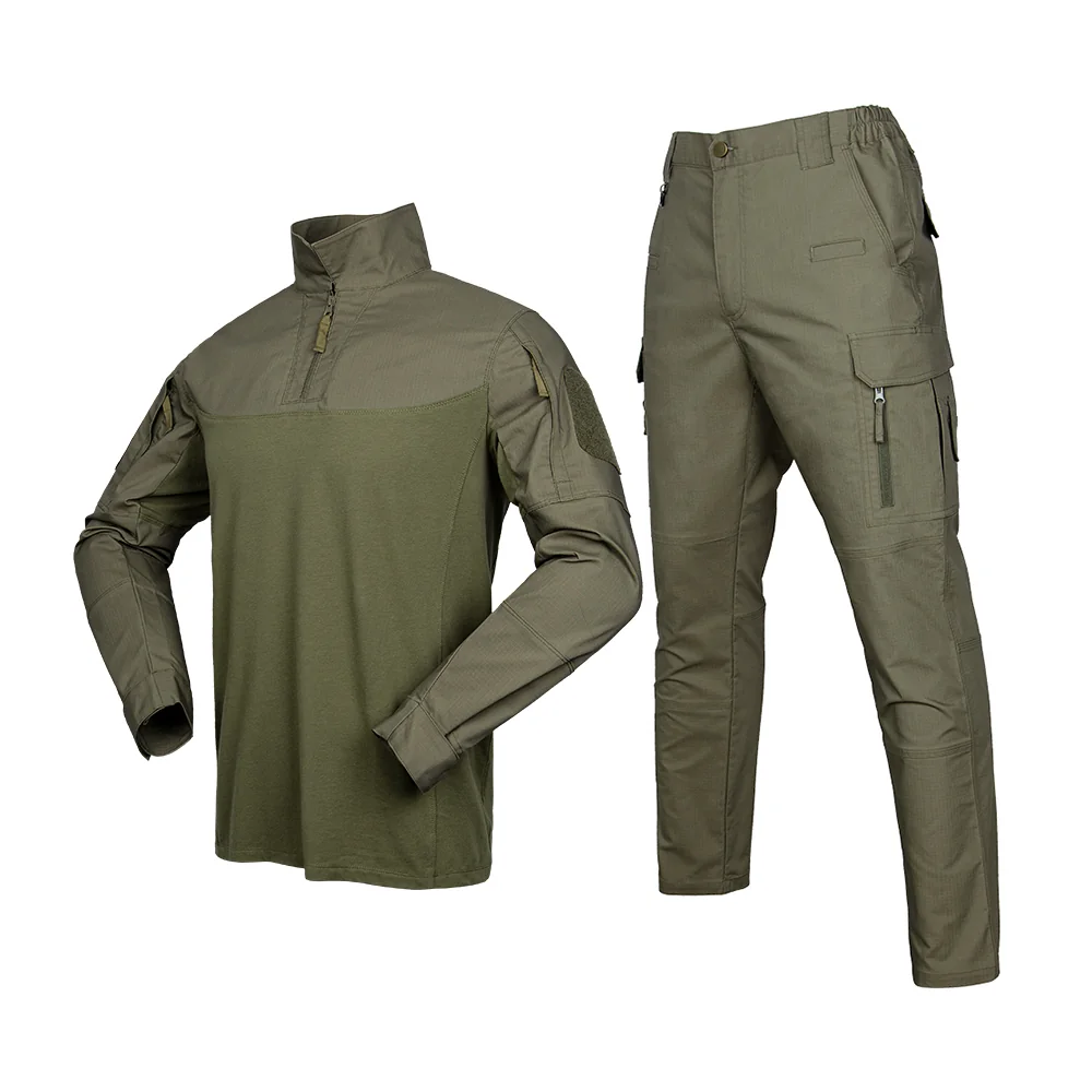 Army green tactical combat suit featuring a lightweight combat shirt and multi-functional cargo pants, suitable for outdoor missions and casual tactical clothing.