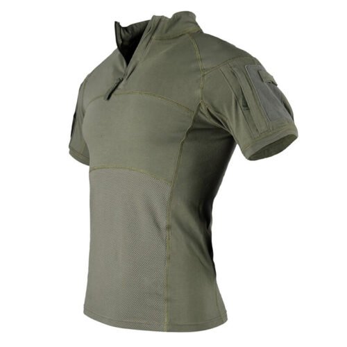 Classic army green short sleeve combat shirt with breathable fabric, practical arm pockets, and tactical fit for summer training and outdoor missions.