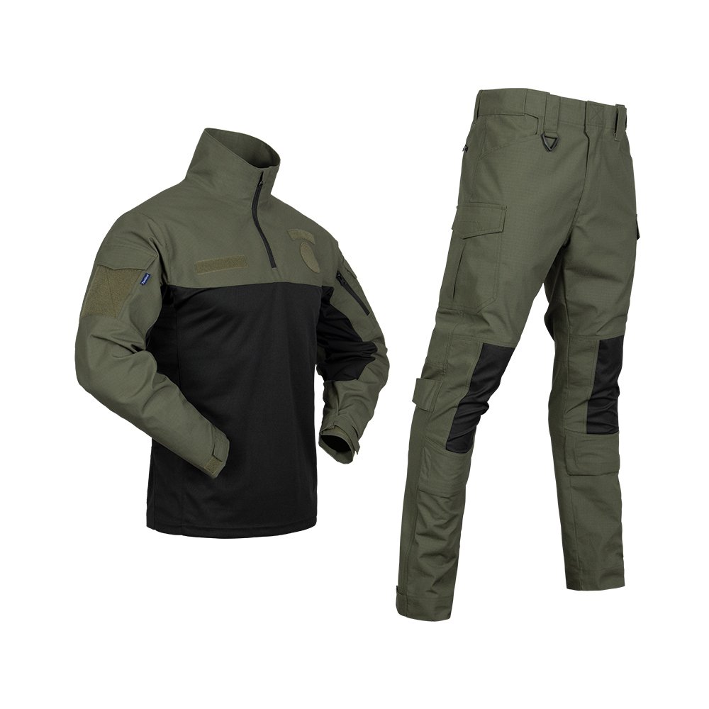 Army green tactical combat suit with ripstop shirt and reinforced pants, ideal for outdoor training and tactical activities.