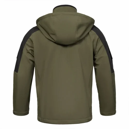 Back view of army green fall jacket, designed with reinforced shoulders and hood. Windproof autumn outerwear for outdoor activities.