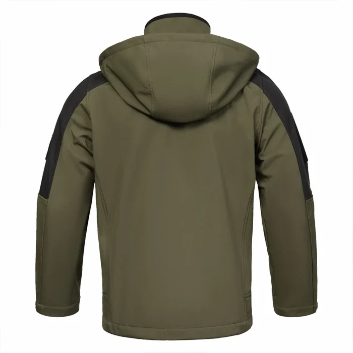 Back view of army green fall jacket, designed with reinforced shoulders and hood. Windproof autumn outerwear for outdoor activities.