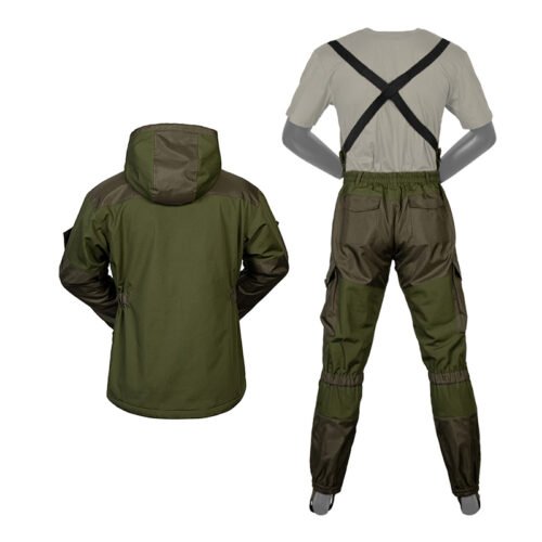 Rear view of winter Gorka suit in solid army green, highlighting reinforced stitching, cross-back suspenders, and practical pocket design.