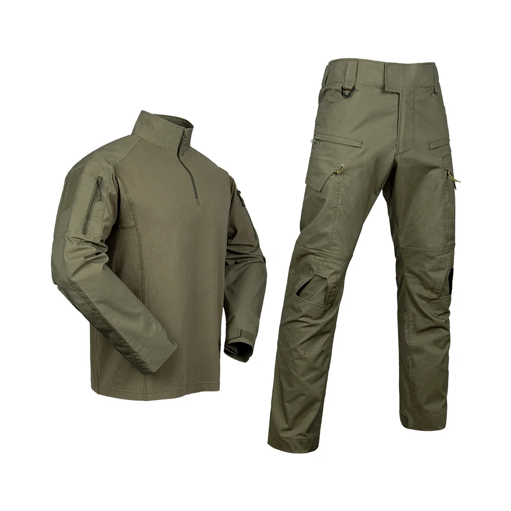 Army green tactical suit with ripstop combat shirt and pants, offering durability and comfort for outdoor missions and field training.