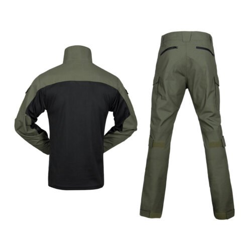 Back view of army green tactical uniform showing reinforced fabric panels and functional pocket design for field operations.