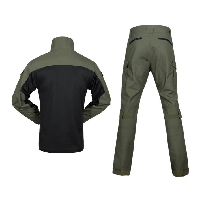 Back view of army green tactical uniform showing reinforced fabric panels and functional pocket design for field operations.