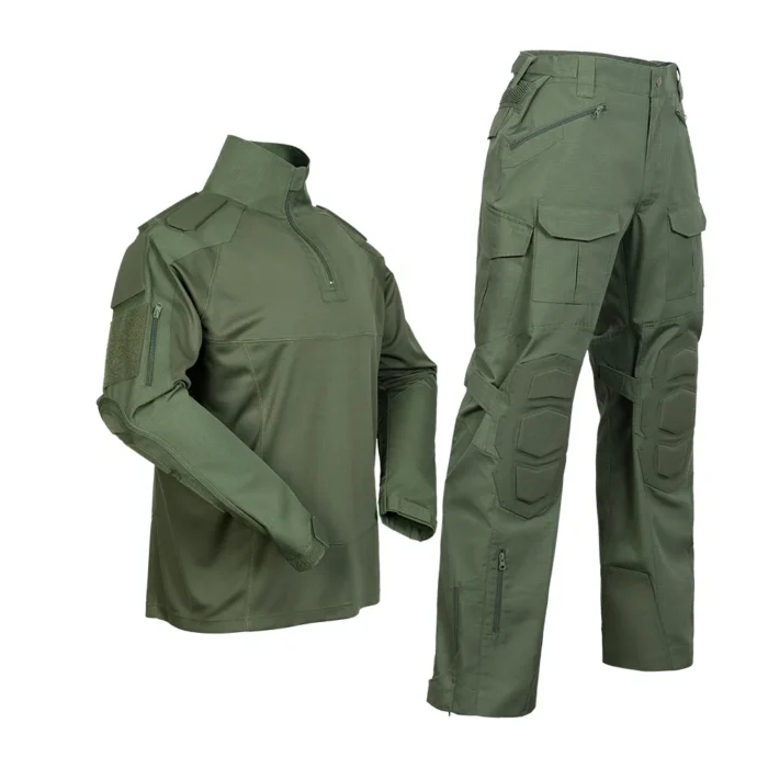 Army green tactical suit with durable ripstop fabric, ergonomic design and tactical pockets for military and outdoor activities.