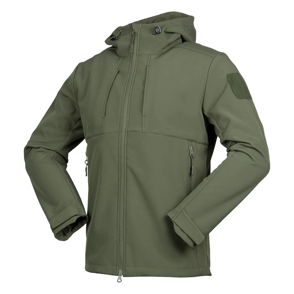 Lightweight jacket in army green, tactical softshell style with hood. Water-repellent, windproof, and ideal for military training, hiking, and outdoor adventures.