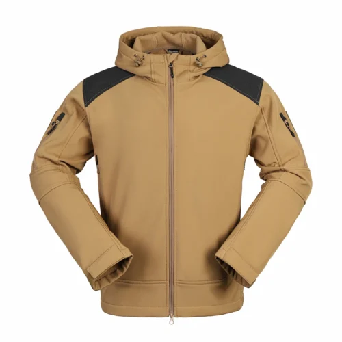 Khaki mens softshell jacket designed for outdoor activities. Durable, windproof, and water-resistant with multiple zip pockets and hooded design.