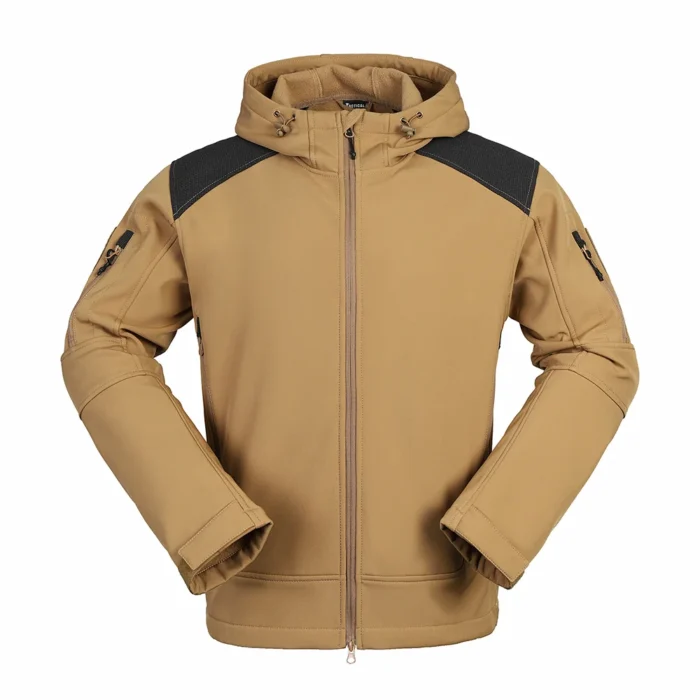 Khaki mens softshell jacket designed for outdoor activities. Durable, windproof, and water-resistant with multiple zip pockets and hooded design.