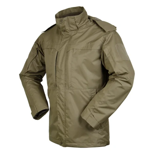 Khaki men’s tactical jacket with windproof and waterproof fabric, ideal for outdoor, hiking, and military style wear. Durable and functional design.