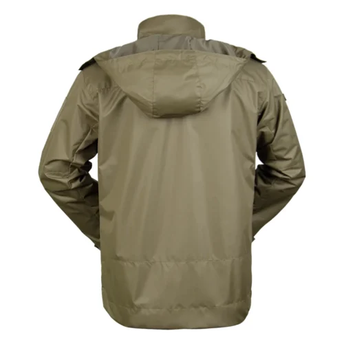 Lightweight khaki tactical jacket for men. Features multiple pockets, windproof fabric, and durable construction for outdoor and tactical use.