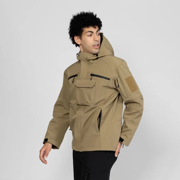 Khaki color light spring jacket with adjustable hood, chest pocket, and durable windproof design. Ideal for outdoor adventures and everyday casual style.