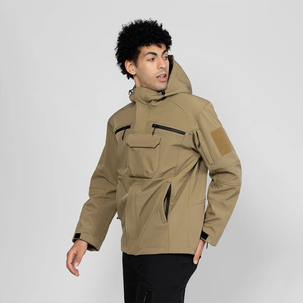 Khaki color light spring jacket with adjustable hood, chest pocket, and durable windproof design. Ideal for outdoor adventures and everyday casual style.