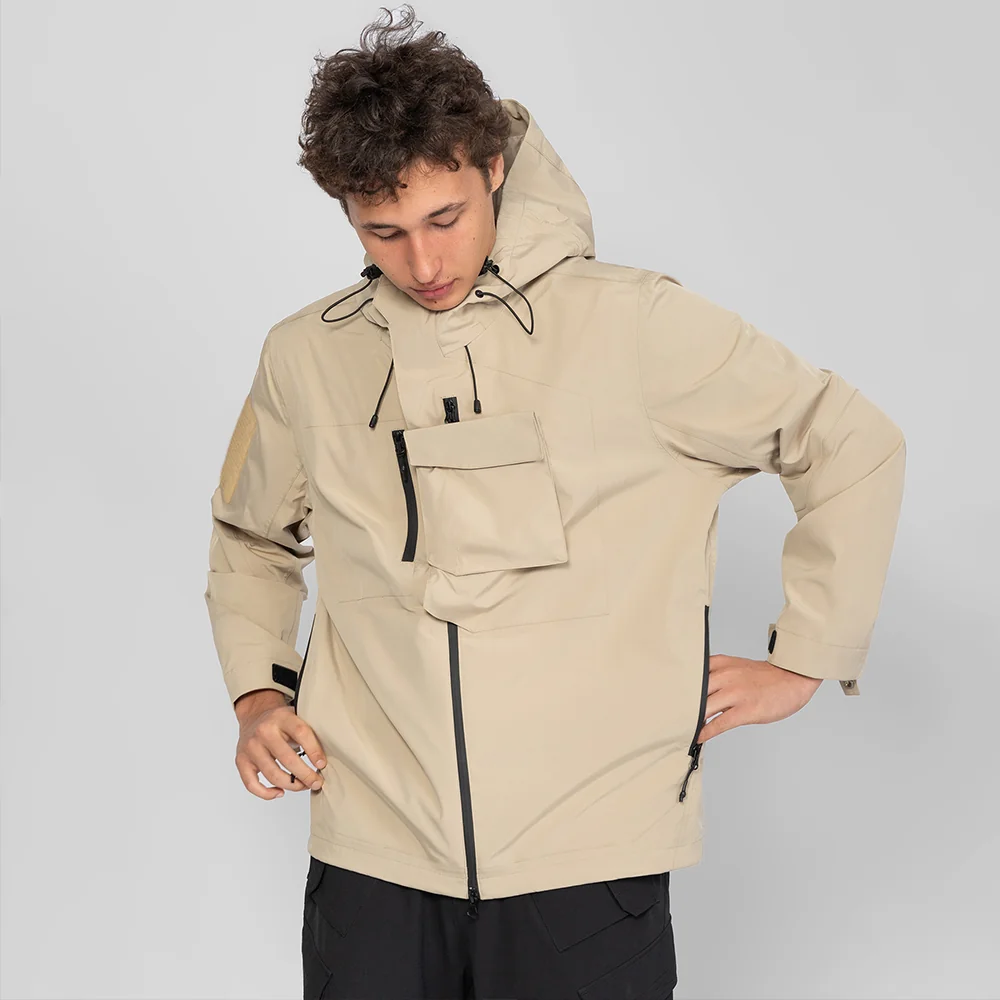Khaki hardshell jacket made for spring and fall. Breathable, water-resistant, and durable design ideal for trekking, camping, and daily urban wear.