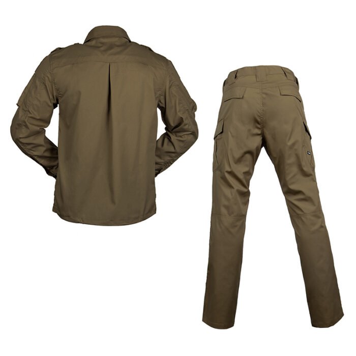 Desert tan military tactical uniform, made with ripstop fabric and adjustable features, perfect for hot climate outdoor missions and professional tactical wear.