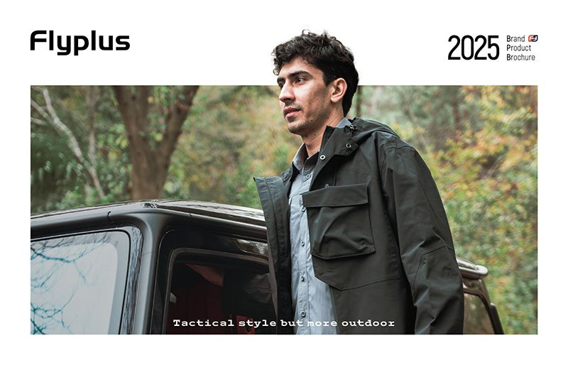 Flyplus 2025 tactical outdoor jacket brochure featuring outdoor lifestyle and forest background