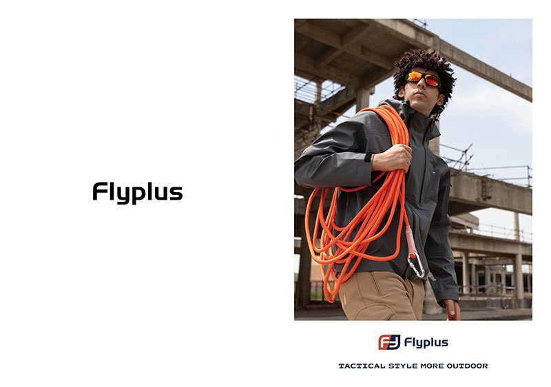 Flyplus tactical outdoor clothing product catalog 2025 with modern jacket and industrial background