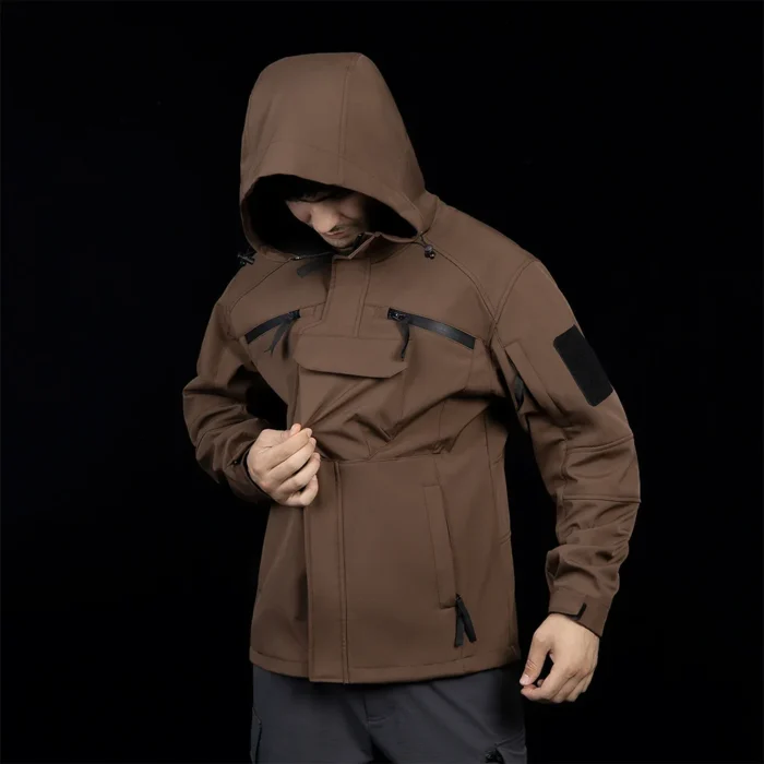 Khaki color light spring jacket with adjustable hood, chest pocket, and durable windproof design. Ideal for outdoor adventures and everyday casual style.
