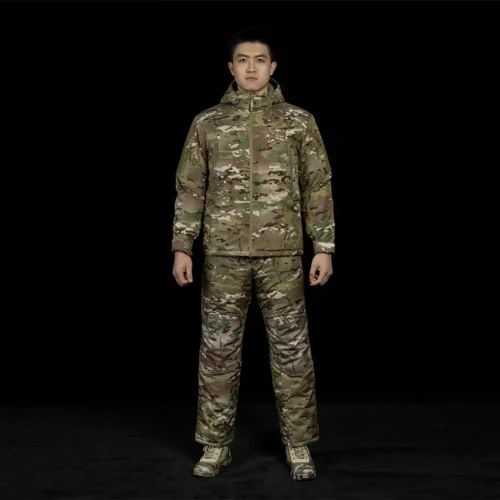 Professional tactical suit including insulated jacket and pants. Provides warmth, protection, and mobility for soldiers and outdoor enthusiasts.