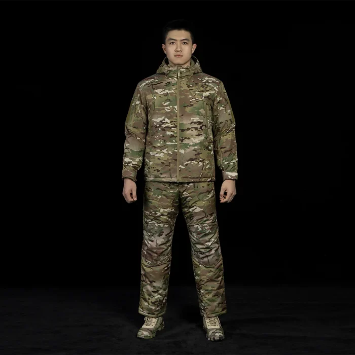 Professional tactical suit including insulated jacket and pants. Provides warmth, protection, and mobility for soldiers and outdoor enthusiasts.
