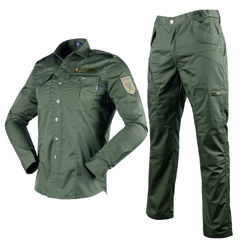Olive green tactical apparel uniform with durable polyester-cotton blend, reinforced elbows, and functional cargo pants for outdoor and tactical use.