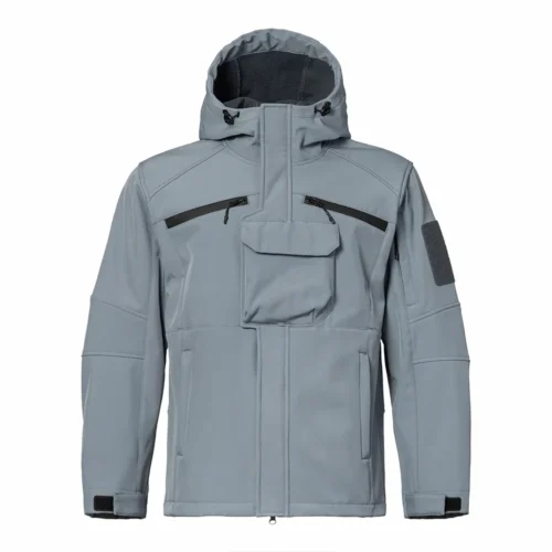 Light blue grey spring jacket with hood, windproof fabric, and multiple storage pockets. Perfect lightweight outerwear for hiking, camping, and daily wear.