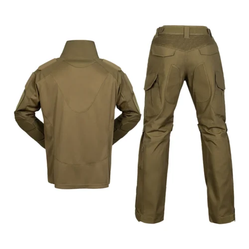 Khaki tactical suit offering comfort, durability and tactical functionality with reinforced knee design and multiple pockets.