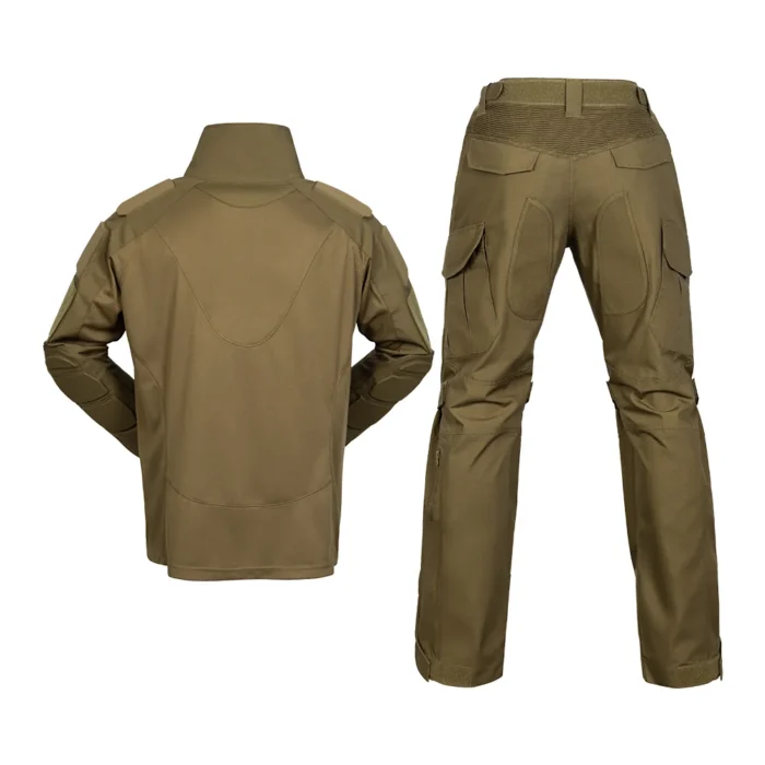 Khaki tactical suit offering comfort, durability and tactical functionality with reinforced knee design and multiple pockets.