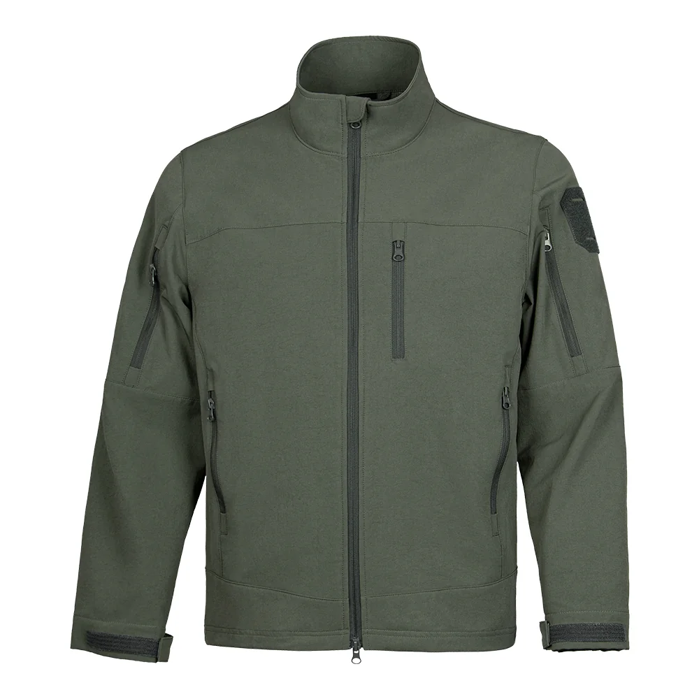 Army green softshell jacket designed for outdoor use. Lightweight, windproof, and versatile with multiple pockets for hiking, trekking, and travel.