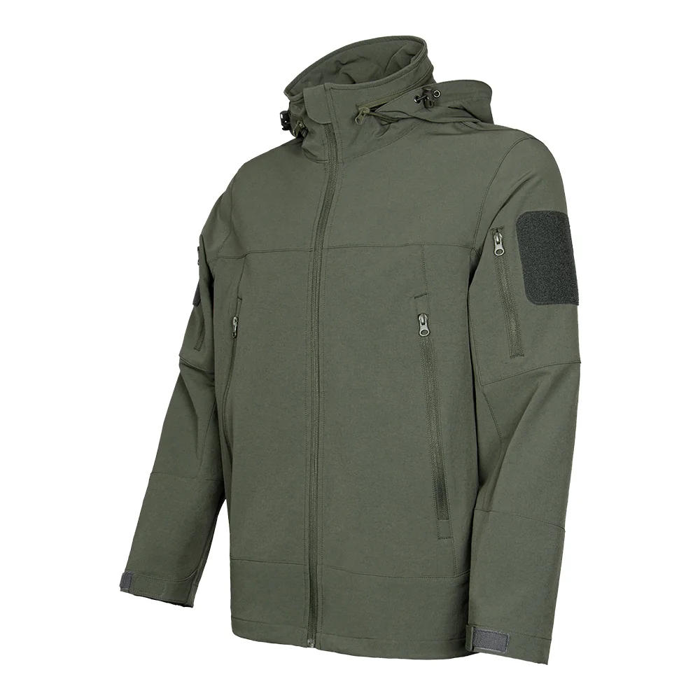 Army green waterproof jacket for men. Windproof, water-resistant, and practical with multiple pockets, ideal for trekking and everyday wear.
