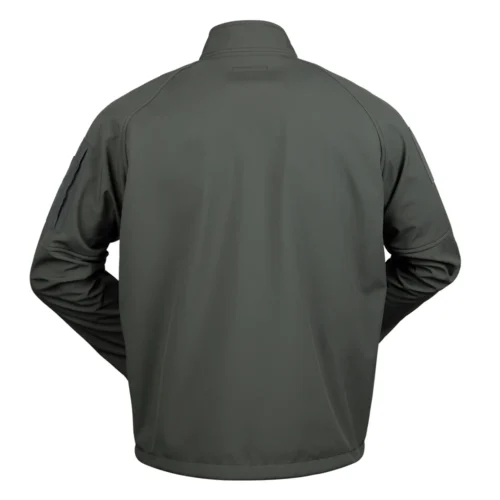 Back design of tactical softshell jacket, water-resistant and breathable. Perfect for military, law enforcement, and outdoor training.
