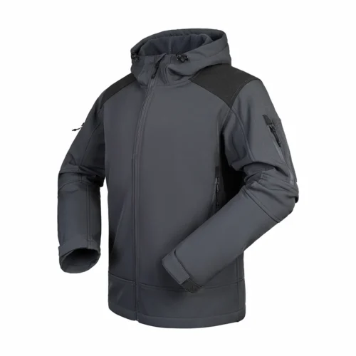 Grey mens softshell jacket for outdoor and tactical use. Lightweight yet protective, featuring adjustable cuffs, zip pockets, and water-resistant fabric.