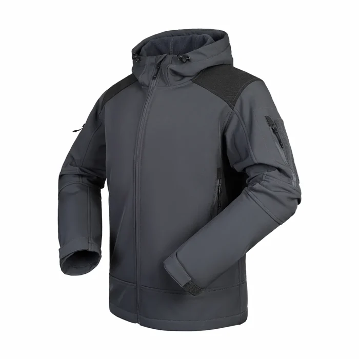 Grey mens softshell jacket for outdoor and tactical use. Lightweight yet protective, featuring adjustable cuffs, zip pockets, and water-resistant fabric.