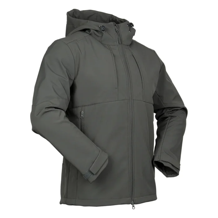 Gray lightweight jacket with hood, tactical softshell construction for hiking, camping, and military use. Windproof, breathable, and designed for all-weather protection.