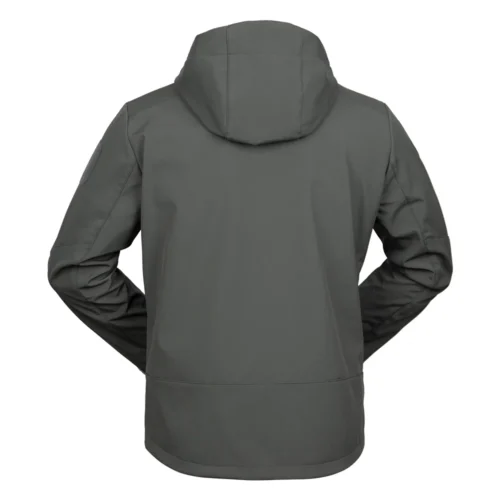 Durable lightweight jacket in gray, tactical softshell design with windproof and breathable fabric. Rear view highlights ergonomic cut and comfort for outdoor activities.
