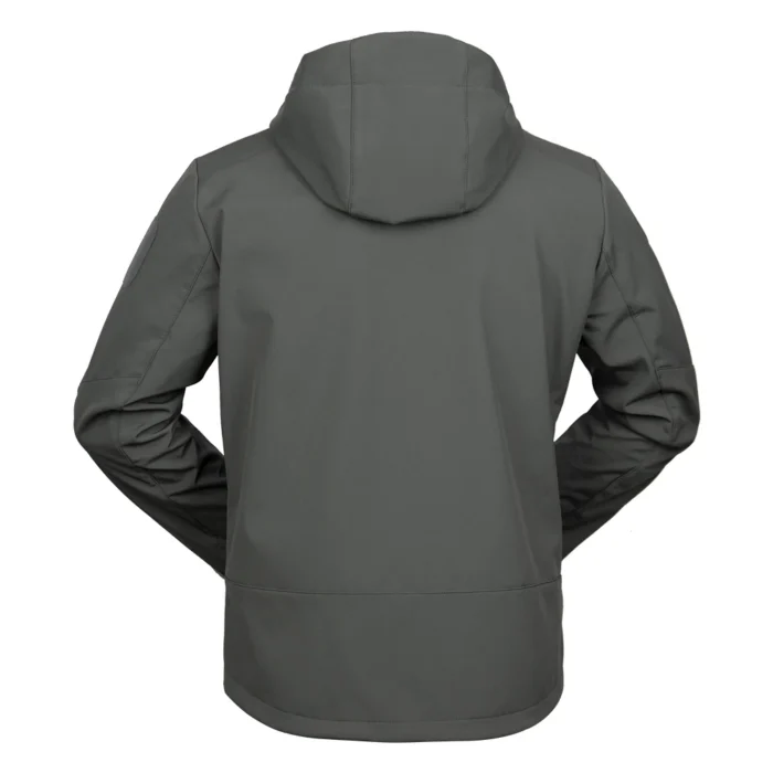 Durable lightweight jacket in gray, tactical softshell design with windproof and breathable fabric. Rear view highlights ergonomic cut and comfort for outdoor activities.