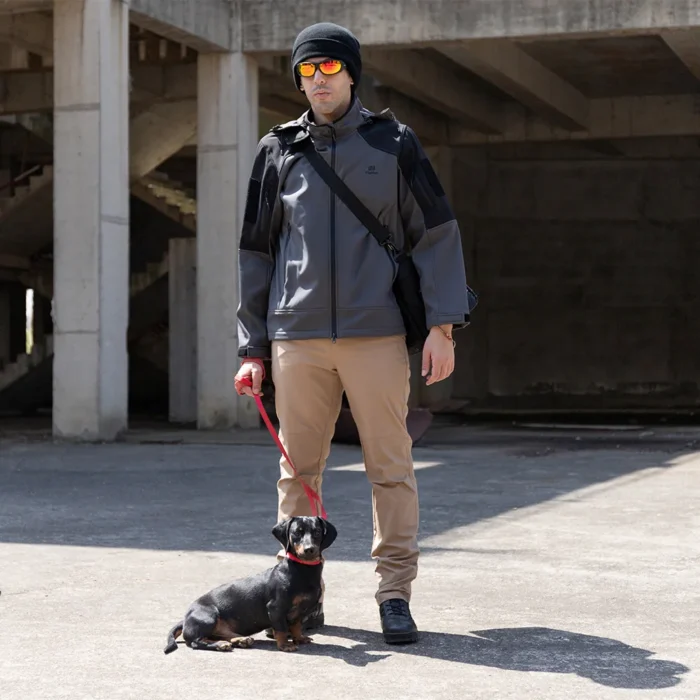 Stylish gray fall jacket for outdoor wear. Comfortable, windproof softshell perfect for autumn daily wear, hiking, and casual use.