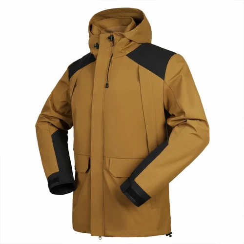 Mens waterproof hardshell jacket in wolf brown. Windproof and breathable outerwear for camping, climbing, and everyday outdoor use.