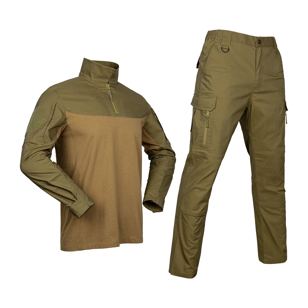 Wolf brown tactical combat uniform with ripstop fabric, breathable combat shirt, and reinforced cargo pants, ideal for outdoor training and field use.