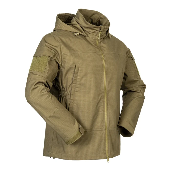 Men’s wolf brown softshell jacket with hood. Lightweight, waterproof, and windproof, designed for outdoor adventure, hiking, and tactical training.