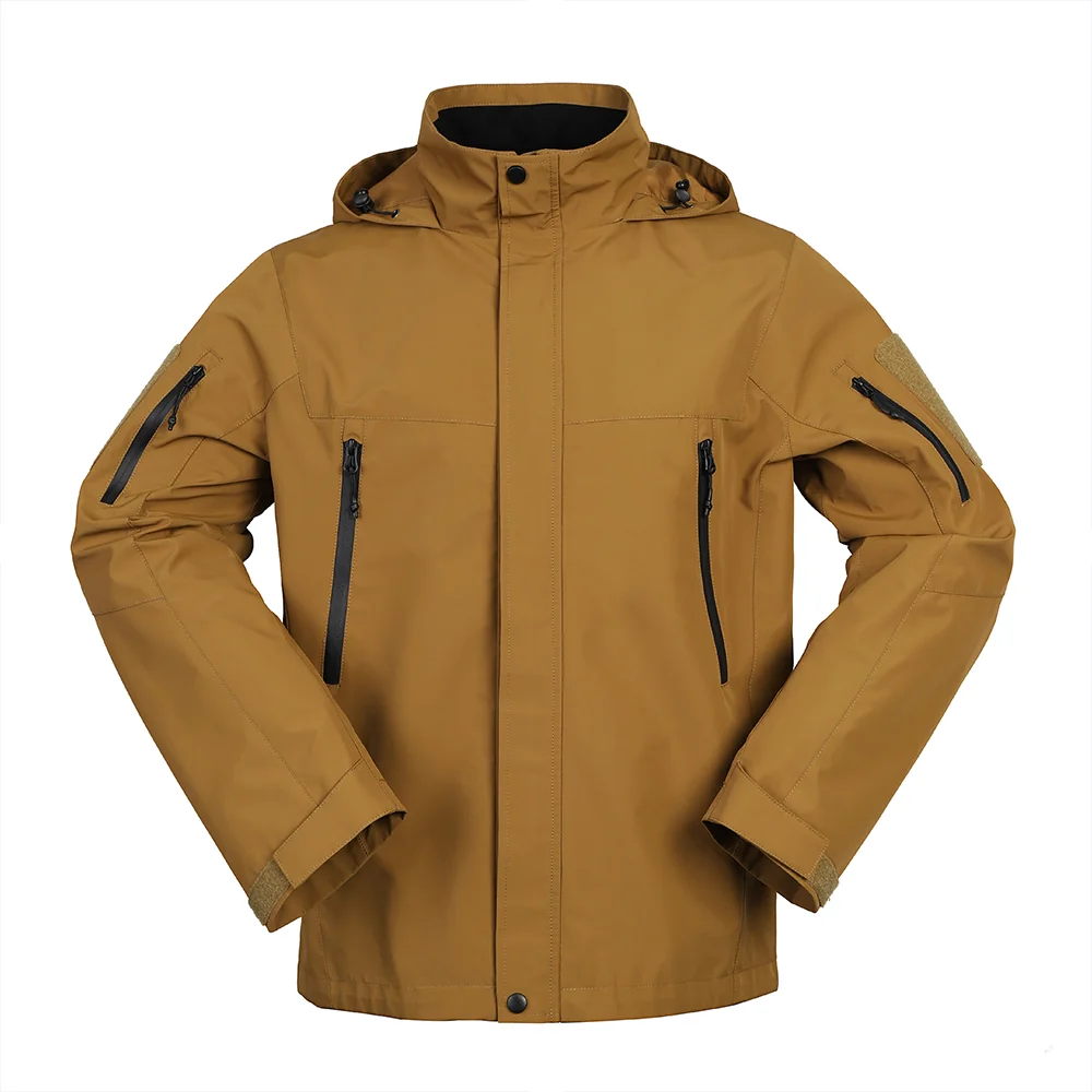 Men’s hardshell jacket in wolf brown with waterproof zippers and multiple pockets. Perfect for outdoor sports, hiking, and tactical use.