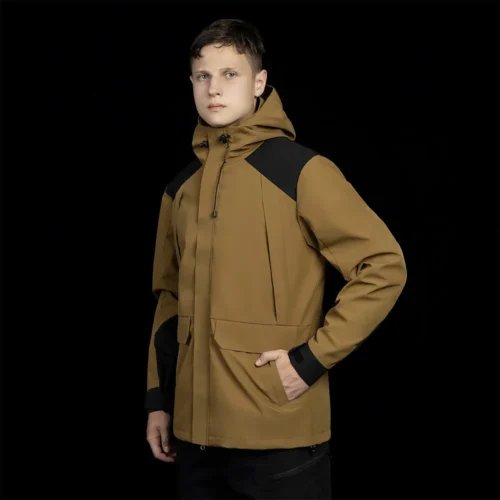 Mens hardshell jacket in wolf brown color. Durable waterproof outerwear for hiking, trekking, and tactical activities.