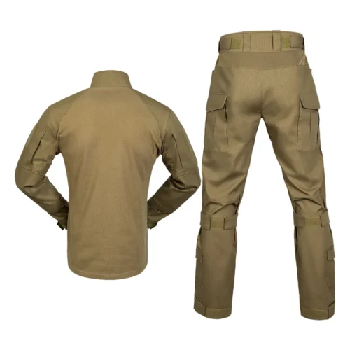 Wolf brown camo uniform three-piece suit with reinforced knees and elbows, durable ripstop fabric, and multiple functional pockets.